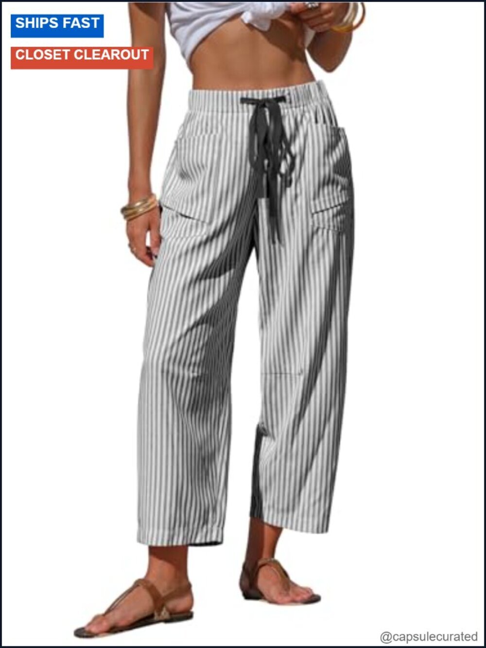 Faux Linen Striped Barrel Pants Drawstring Capri with Pockets Beach Lounge